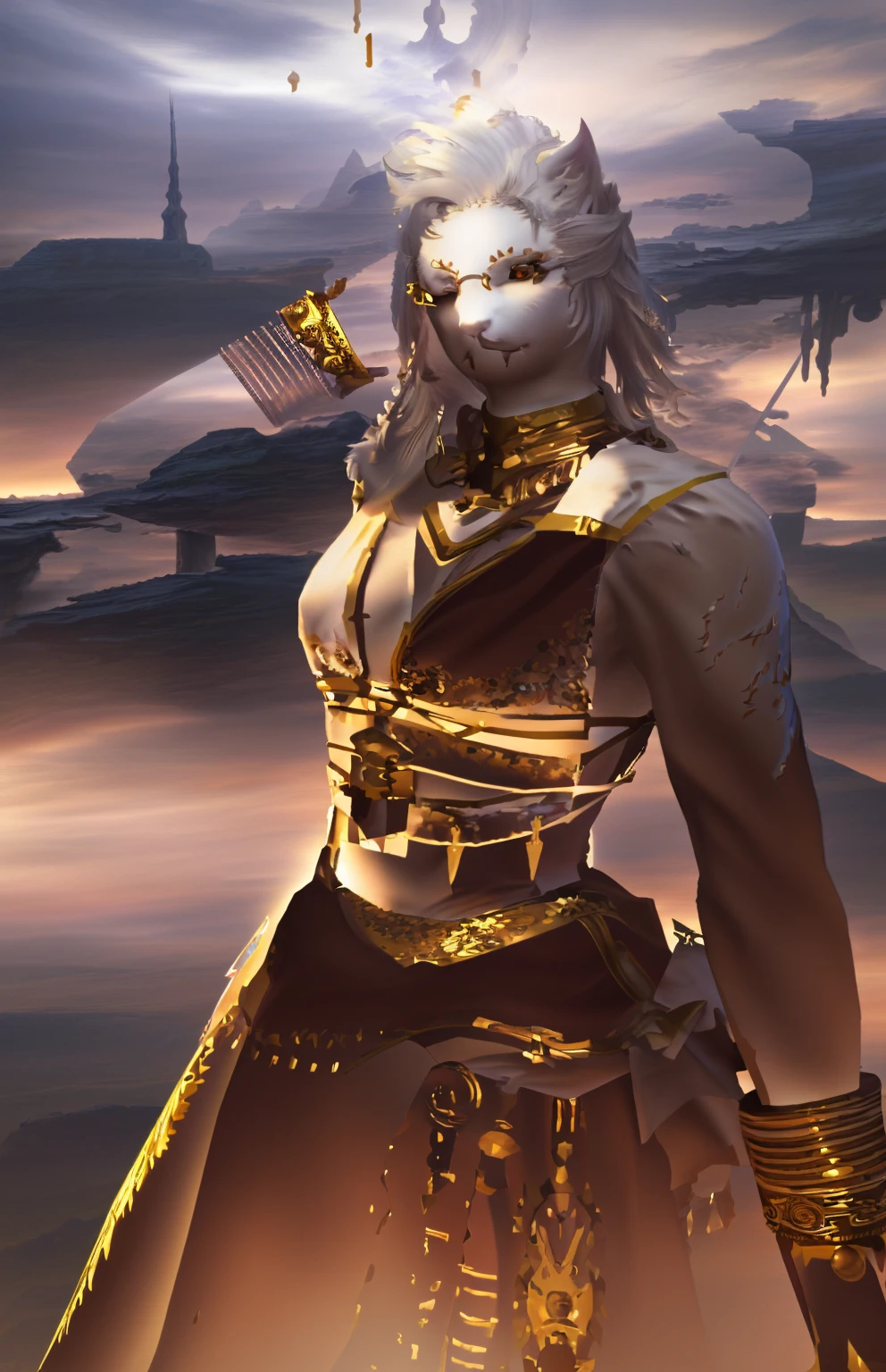 a beautiful catgirl anthro, ffxiv heavensward landscape, detailed fantasy character, dramatic lighting, rich colors, cinematic composition, concept art, digital painting, (best quality,4k,8k,highres,masterpiece:1.2),ultra-detailed,(realistic,photorealistic,photo-realistic:1.37),dynamic pose,intricate details,exquisite textures,dramatic shadows,detailed facial features,flowing hair,elegant dress,detailed jewelry,mysterious atmosphere,fantastical setting
