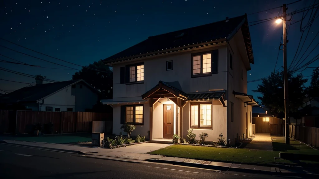in front of a house at night, no humans, no persons
