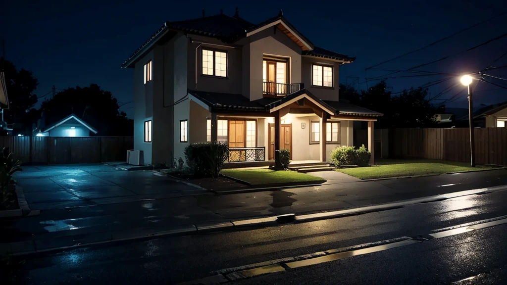 in front of a house at night, no humans, no persons