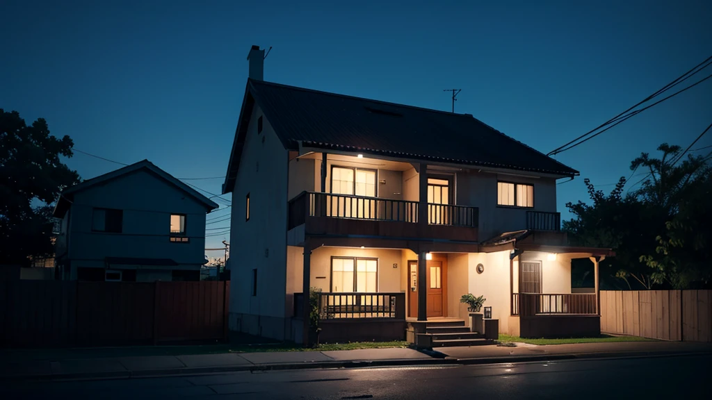 in front of a house at night, no humans, no persons
