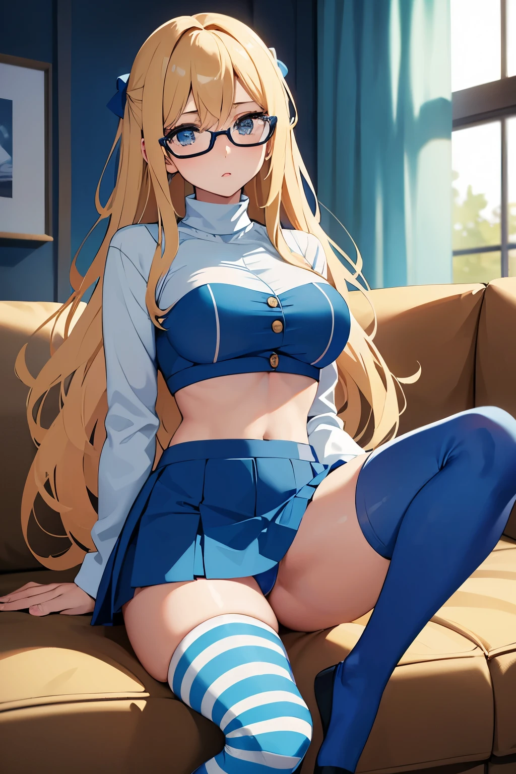 Anime, echhi, female, d size cup, tall, blue bra underneath, with long blonde hair, wearing white cropped turtleneck with buttons, wearing blue blue miniskirt, wearing thigh high striped blue and light blue socks, cheerleader style, wearing glasses in living room. She looks shocked.