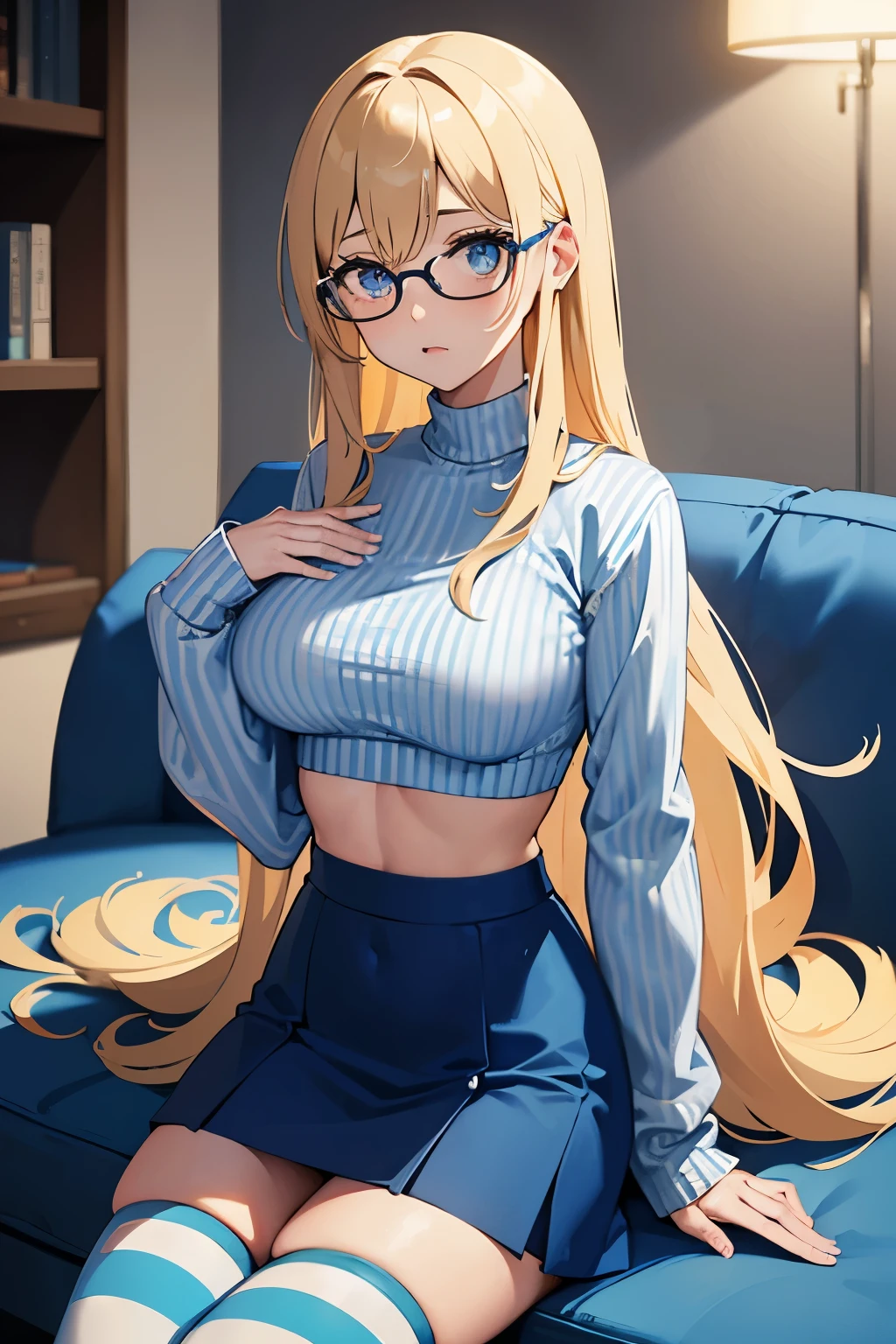 Anime, echhi, female, d size cup, tall, blue bra underneath, with long blonde hair, wearing white cropped turtleneck with buttons, wearing blue blue miniskirt, wearing thigh high striped blue and light blue socks, cheerleader style, wearing glasses in living room. She looks shocked.