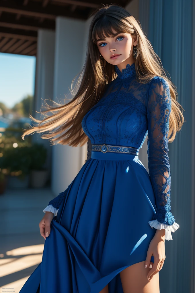 16 year old Paulina Porizkova, ultra-detailed face, ultra detailed blue eyes, (bangs), (long sleeve dress, long skirt), (((masterpiece)))