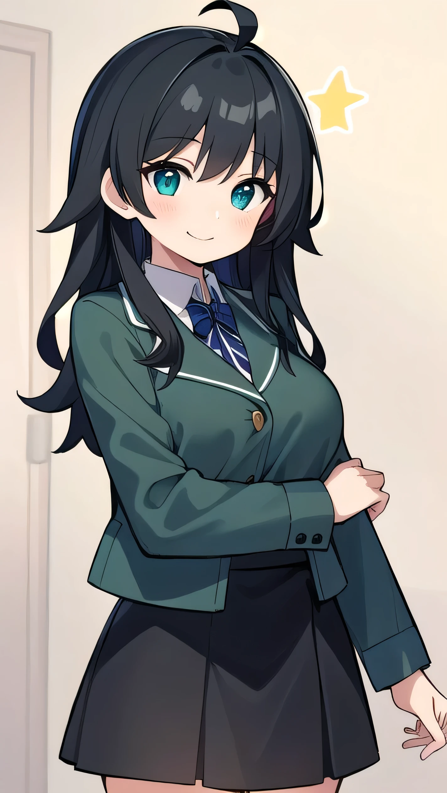 Junior high school student who looks like an elementary school student, , very short, 140 cm tall, black hair with a slight green tinge, short ahoge, beautiful long hair but with a little hair sticking out, beautiful round eyes, blue eyes, smile, boyish, long sleeves, Thick clothes, skirt, big breasts, hair longer than waist, long hair, childish face, gentle smile, a little shy, black skirt, black hair with a slight green tinge, boyish, gentle smile, jacket one size larger, ( Deep greenish black hair: 1.3)