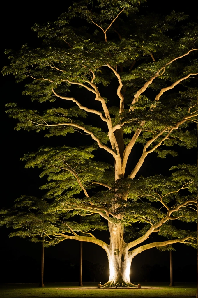 Ceibo tree at night that has few branches and has a unique shape of a woman&#39;s face 