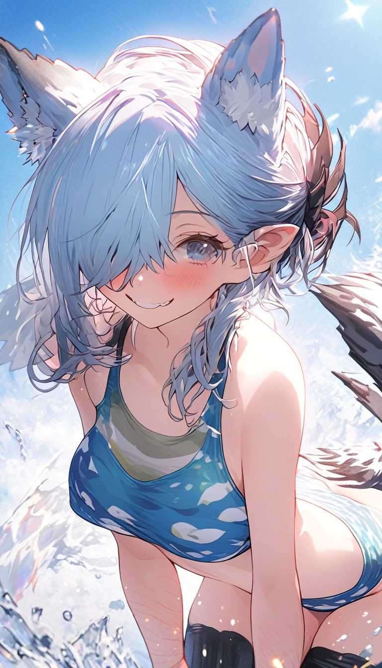 (8k, 4k, Masterpiece, Ultra quality, Ultra detail, HDR, Anime, Brighter colors), (1girl, Kitsune ears, medium hair, Bangs over one eye, 2-tone hair, Tied hair, Blush,smiling, breasts, (swimsuit, thigh highs), Standing , Hands behind back, plain background