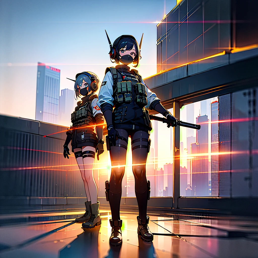 ((high quality)), ((masterpiece)), 8k, 2girls, bulletproof vest, light rays, extremely detailed CG unity 8k wallpaper, game cg, looking at viewer, gloves, boots, full body, watch, computer, mask, drone, holding weapon, headphones,naked