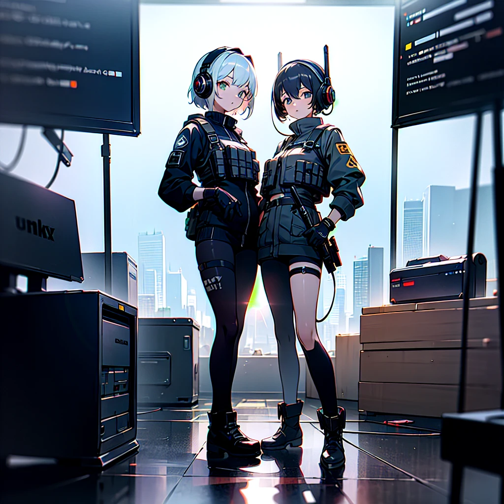 ((high quality)), ((masterpiece)), 8k, 2girls, bulletproof vest, light rays, extremely detailed CG unity 8k wallpaper, game cg, looking at viewer, gloves, boots, full body, watch, computer, mask, drone, holding weapon, headphones,naked