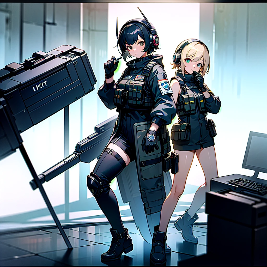 ((high quality)), ((masterpiece)), 8k, 2girls, bulletproof vest, light rays, extremely detailed CG unity 8k wallpaper, game cg, looking at viewer, gloves, boots, full body, watch, computer, mask, drone, holding weapon, headphones,naked