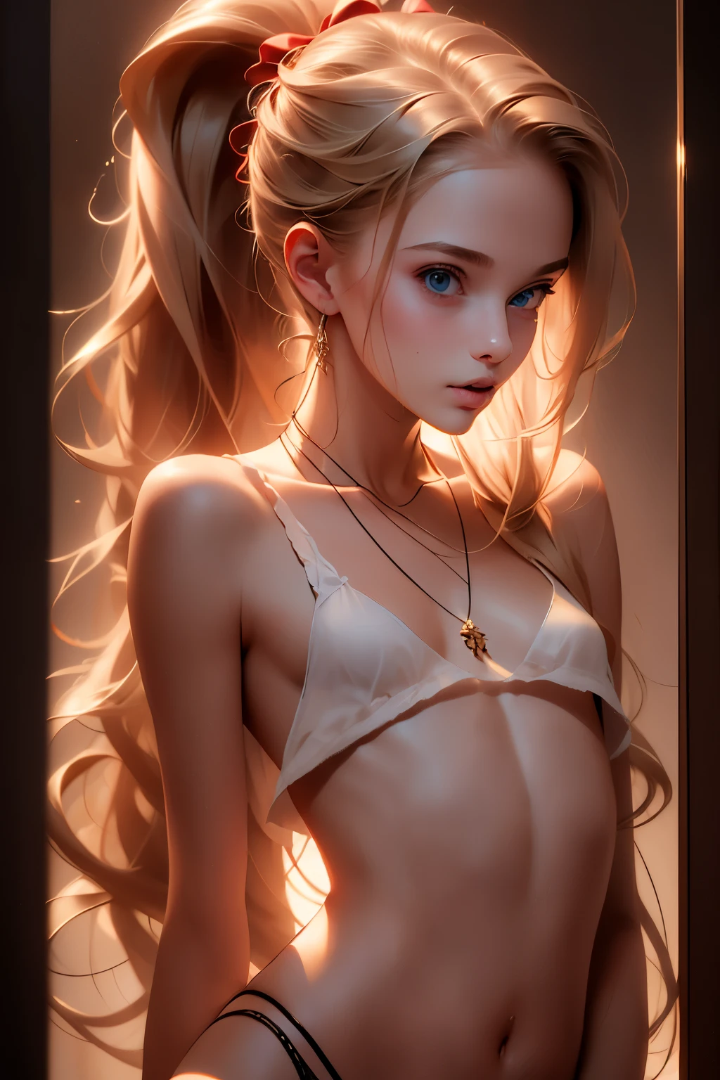  ((best quality)), ((masterpiece)), (detailed), NSFW, small breasts, prominent collarbones, skinny arms, flat stomach, visible hip bones, long hair, red hair, white hair, blonde hair, dark hair, ponytail, thick ponytail, heavy ponytail, Realistic Shadows, Detailed skin, Very small breasts, Hair Ribbon, Very detailed, highly detailed face, Perfect face shape, Perfect lips, Perfect nose, Correct beautiful eyes, Watching Viewer, Best Quality, Single Girl, No bra, No panties, Solo 