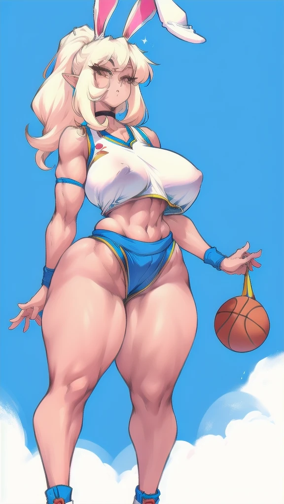 full body in image, full  woman, , (feet on image), simple hair, female , curvy body, large , beautiful woman, thicc body, big thighs, voluptuous body, full thick body, dinamic pose, curve body. detalied pose, body, simple background, expressive face, focus on face, line art, sketch, Full body image of Lola  from Space Jam, full body in image, wearing her original outfit (Tune Squad basketball uniform with a white jersey and blue shorts), long ears, female anthropomorphic rabbit body, athletic and slender body, dynamic pose, detailed pose, simple background, expressive face showing confidence, focus on face, line art, sketch