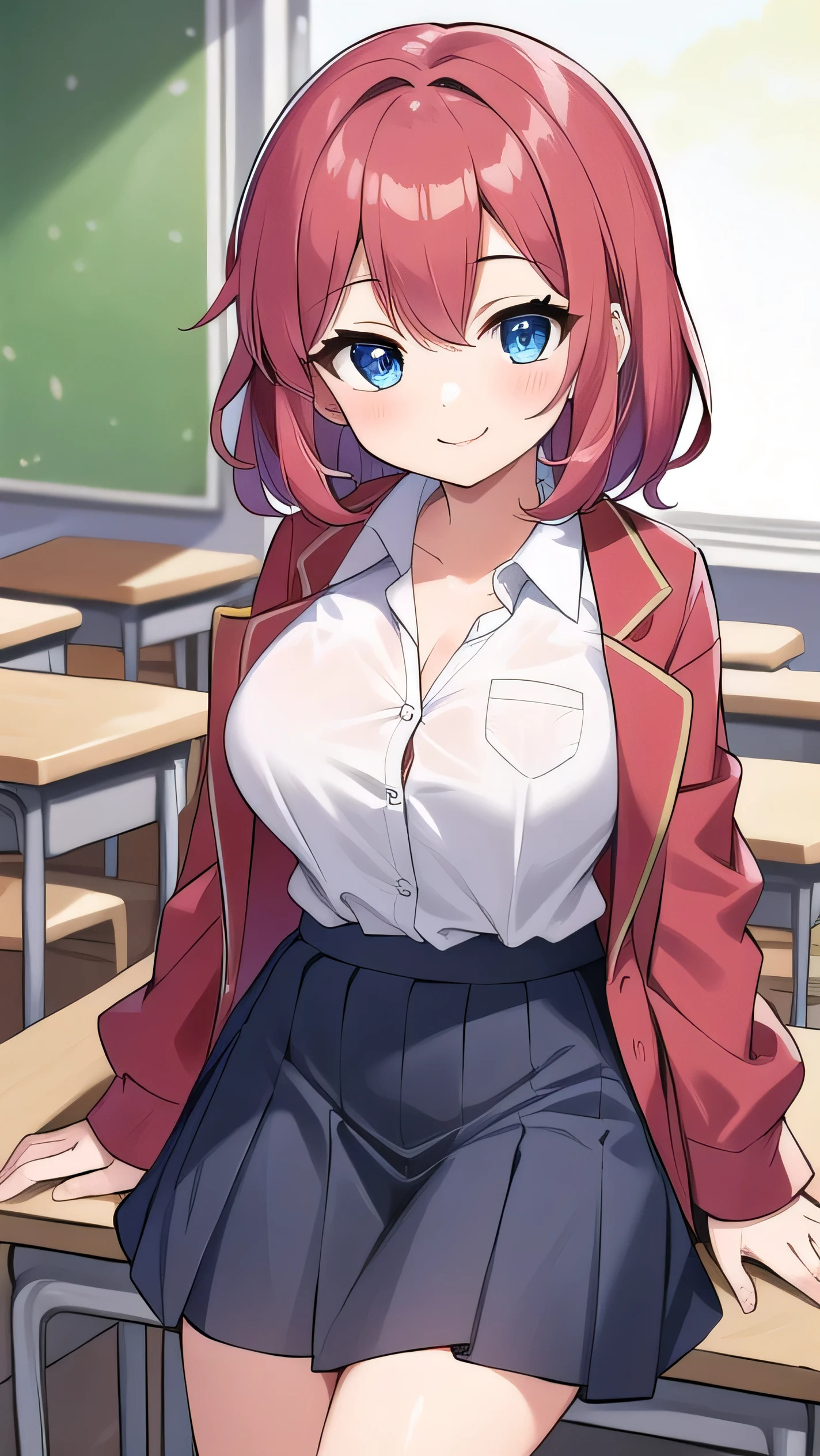 Big breasts, red hair, blue eyes, droopy eyes, red jacket, long sleeves, navy skirt, elementary school student, (super big breasts:1.1), (medium hair: 1), baggy clothes, elementary school student, young face, short height, , old, shy Agari, smiling a little, trying to unbutton his shirt in the classroom, white shirt, soft hair,(straight hair:1.2) , gentle smile, a little smile ,