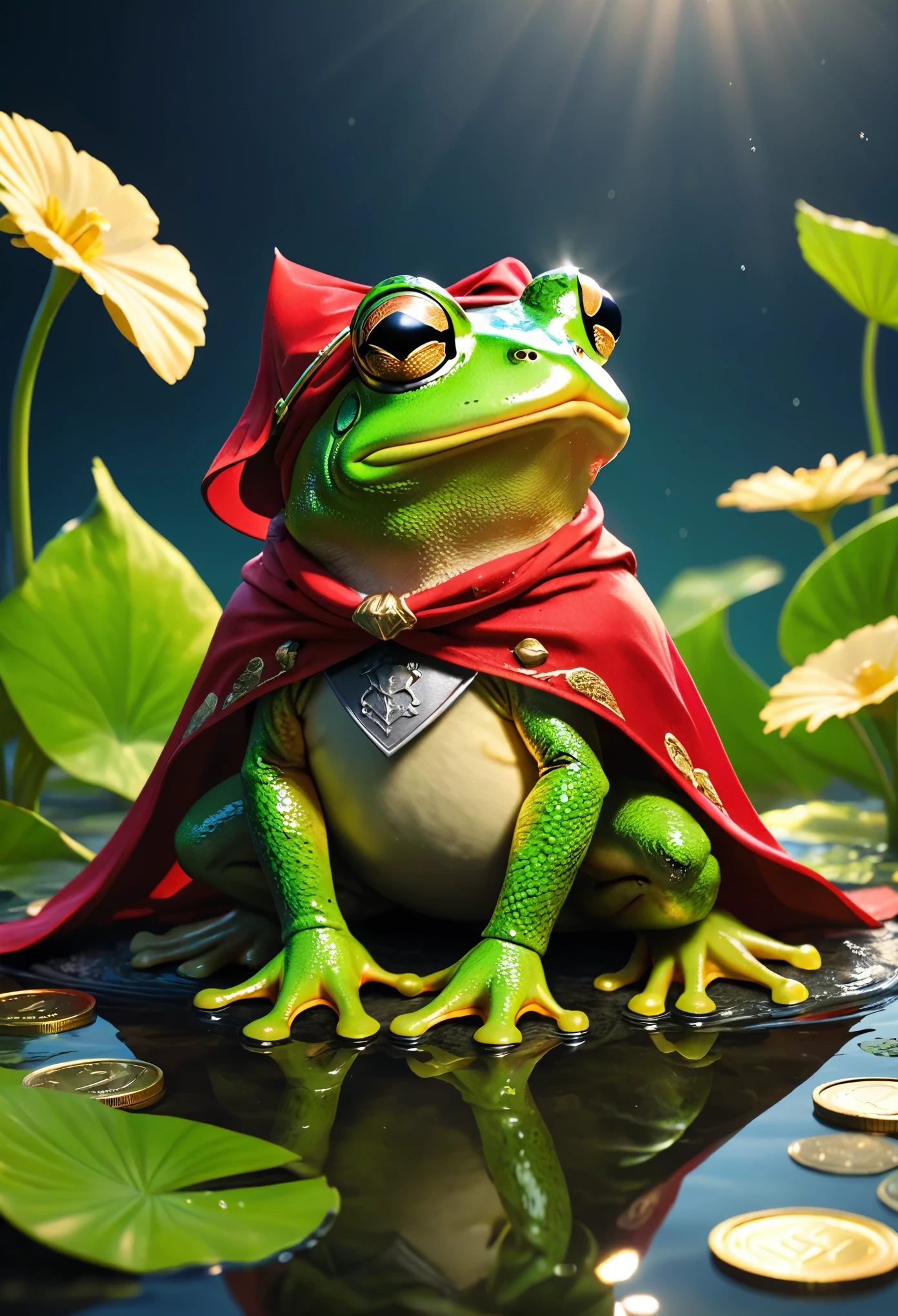 knight frog, Cool frog, Pop frog, simple background,Bandana, swims in a pond full of money, Brave, Cape, Best quality, Super detailed, ultra high Resolution, Octadale, 8k,