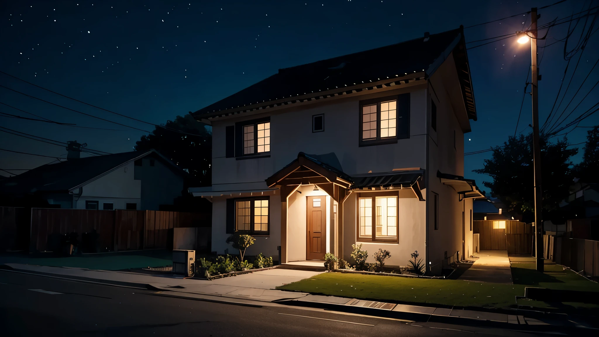 in front of a house at night, no humans, no persons