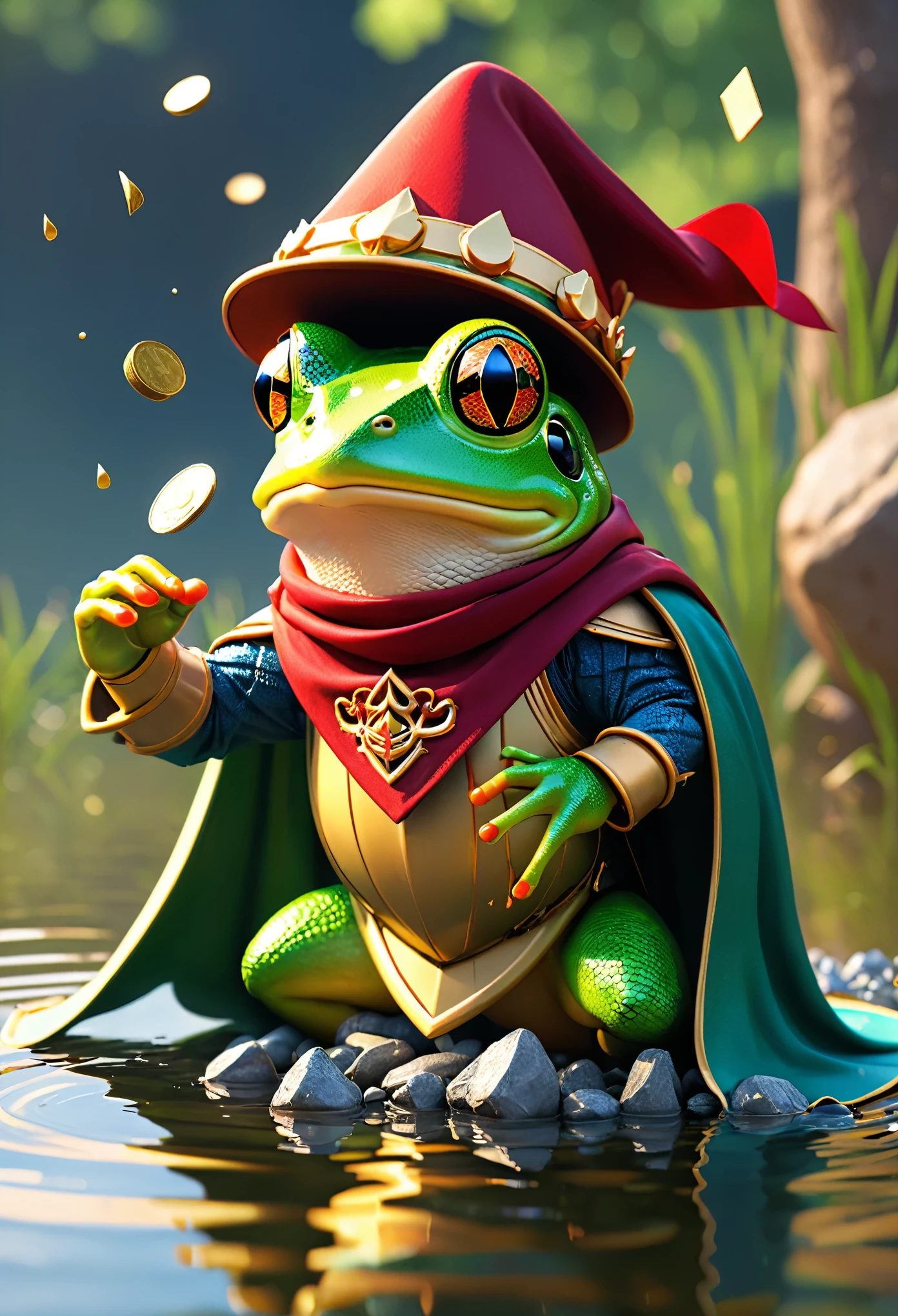 knight frog, Cool frog, Pop frog, simple background,Bandana, swims in a pond full of money, money raining, money, Brave, Cape, Best quality, Super detailed, ultra high Resolution, Octadale, 8k,