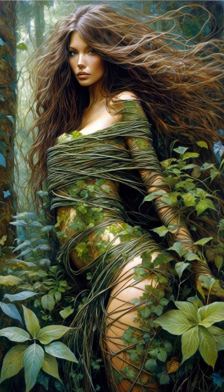 girl wrapped in plants, y and nakas her entire body wrapped in plants like an elemental of nature, long brown hair, lurks in a deep and dark forest with her pet fox (art inspired by Brian Froud and Carne Griffiths and Wadim Kashin , intricate details, oil)