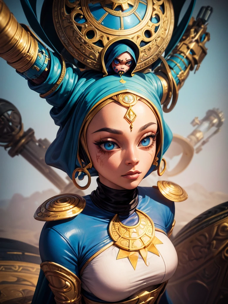 A striking work of conceptual art, expertly rendered with airbrushed colors and gold ink, featuring a charming futuristic hijab-wearing female character. This hyper-realistic painting combines Muslim-inspired elements with the imaginative style of Jamie Hewlett, Gorillaz and Ashley Wood. The central figure, decorated with bold colors and intricate details, stands against a dark backdrop, embodying individuality and strength amidst a world of conformity. This artwork combines elements of illustration, graffiti and conceptual art, creating a vibrant, photo-like 3D render with a cinematic feel, culminating in a stunning painting., photo, painting, conceptual art, 3d render, cinematic, vibrant, illustration, graffiti