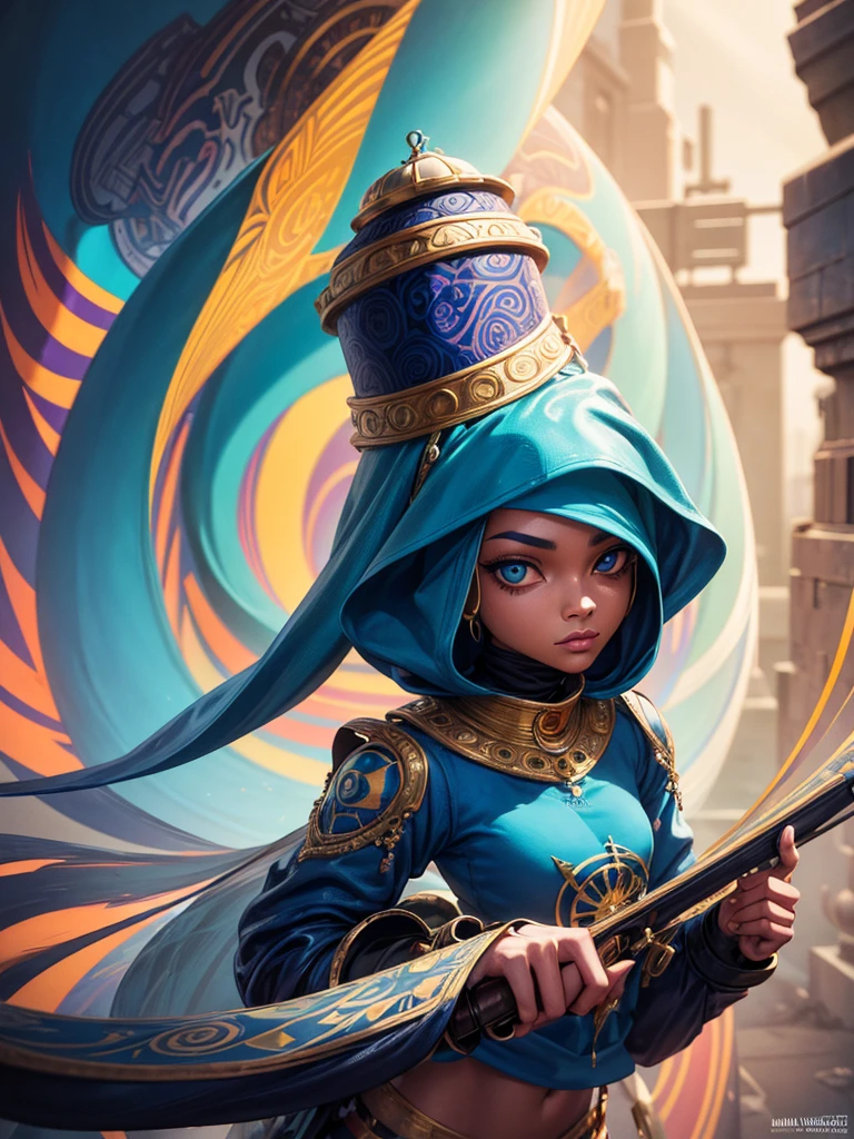 A striking work of conceptual art, expertly rendered with airbrushed colors and gold ink, featuring a charming futuristic hijab-wearing female character. This hyper-realistic painting combines Muslim-inspired elements with the imaginative style of Jamie Hewlett, Gorillaz and Ashley Wood. The central figure, decorated with bold colors and intricate details, stands against a dark backdrop, embodying individuality and strength amidst a world of conformity. This artwork combines elements of illustration, graffiti and conceptual art, creating a vibrant, photo-like 3D render with a cinematic feel, culminating in a stunning painting., photo, painting, conceptual art, 3d render, cinematic, vibrant, illustration, graffiti