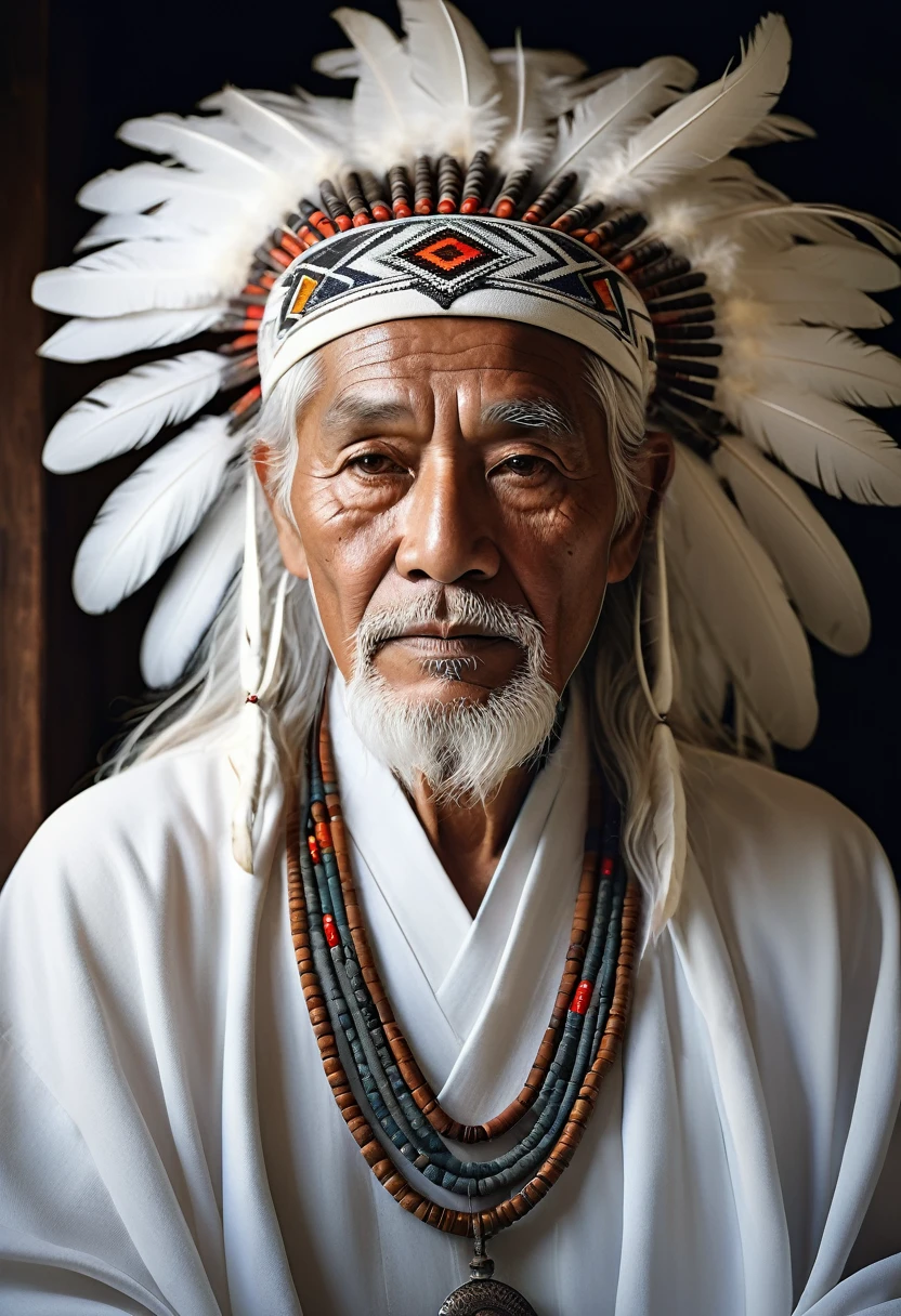 (PICTURE REALISTIC) of an elderly man with indigenous appearance, featuring long flowing white hair and wearing simple white robes that drape naturally, portraying deep wisdom and spiritual peace. His weathered face carries a serene and contemplative expression, with deep-set eyes that reflect profound insight. The scene captures him in a candid moment, trunk, under soft, natural lighting, from top to bottom, filmed on an Agfa Vista, flash photography, taken with an old Polaroid camera. The image is in 8K, ensuring the best quality and ultra high resolution to capture every detail, skin texture is extremely realistic (真实感: 1.4), with subtle nuances and film grain (Film grain: 1.3) to add an analogue and authentic feel. Side lighting and cinematic lighting highlight his imposing presence and the aura of wisdom that surrounds him. He is adorned with a majestic headdress of white feathers, symbolizing their spiritual connection and leadership in indigenous culture. Ao redor dele, an aura of soft light creates an atmosphere of serenity and respect, strengthening your spiritual presence.
