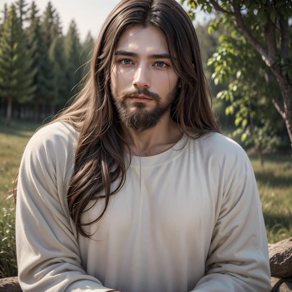 an image of Jesus Christ in high definition, focusing on the facial features that make you easily recognizable. Imagine a peaceful and serene scene, with Jesus standing or sitting, wearing a simple tunic. Your face should radiate compassion and peace, with soft, penetrating eyes, long hair and well-groomed beard. The surrounding scenery must be natural and harmonious, with soft lighting that enhances its divine aura. Detail typical characteristics, such as eye and hair color, in addition to symbolic elements that represent its message of love and redemption