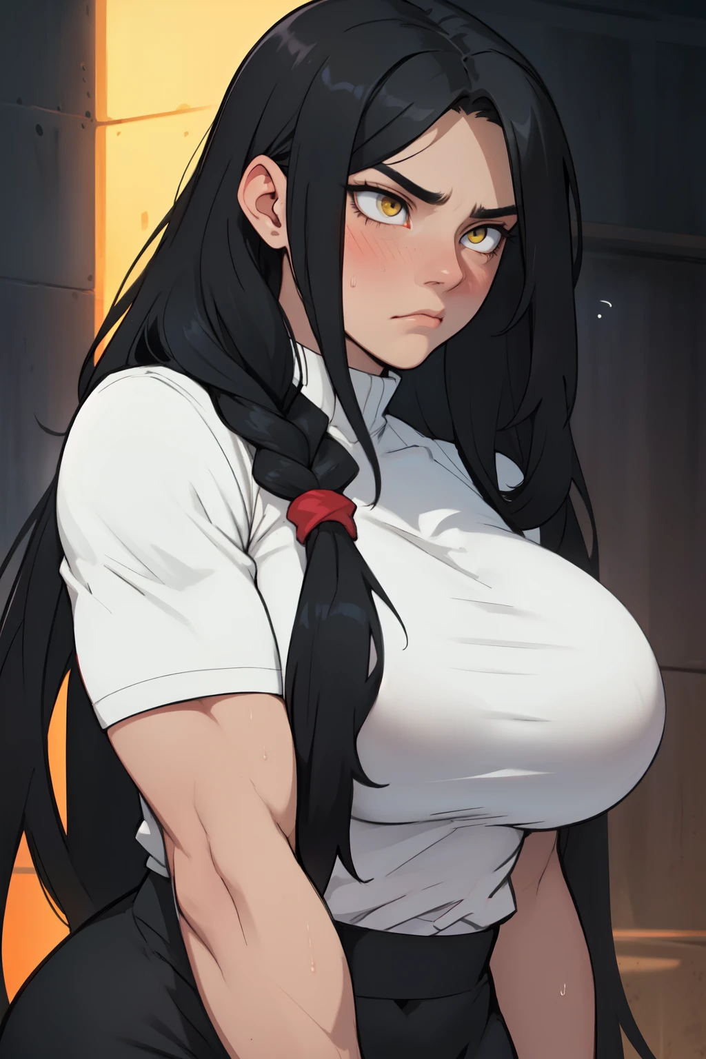 muscular black hair yellow eyes pale skin girl sad huge breasts blushing frown sweaty long straight hair long straight hair long straight hair long straight hair long straight hair