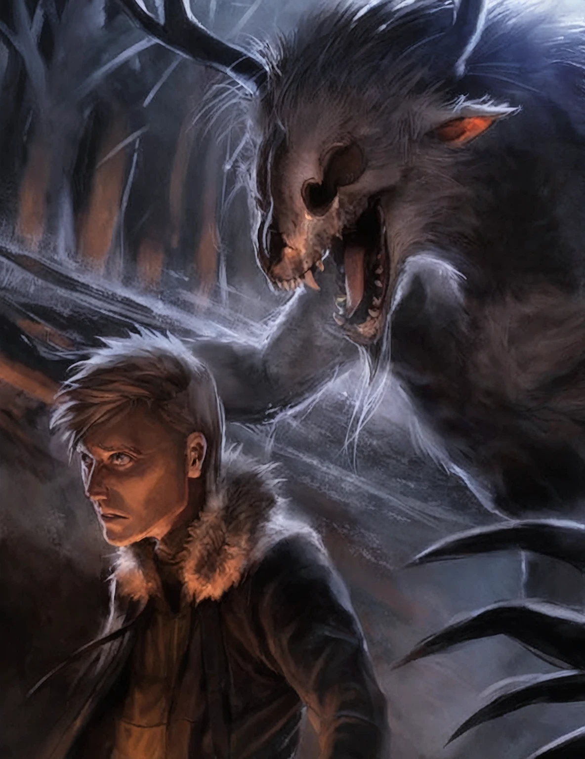 there's a man standing next to a monster with a knife, a sinister fantasy illustration, no estilo da dark fantasy art, Dark Fantasy Illustration, game of throne art, dark fantasy art, dark fantasy style art, fantasy horror art, romance cover art for a book, dark fantasy horror art, dark fantasy concept art, human and dragon fusion, dark - wolf