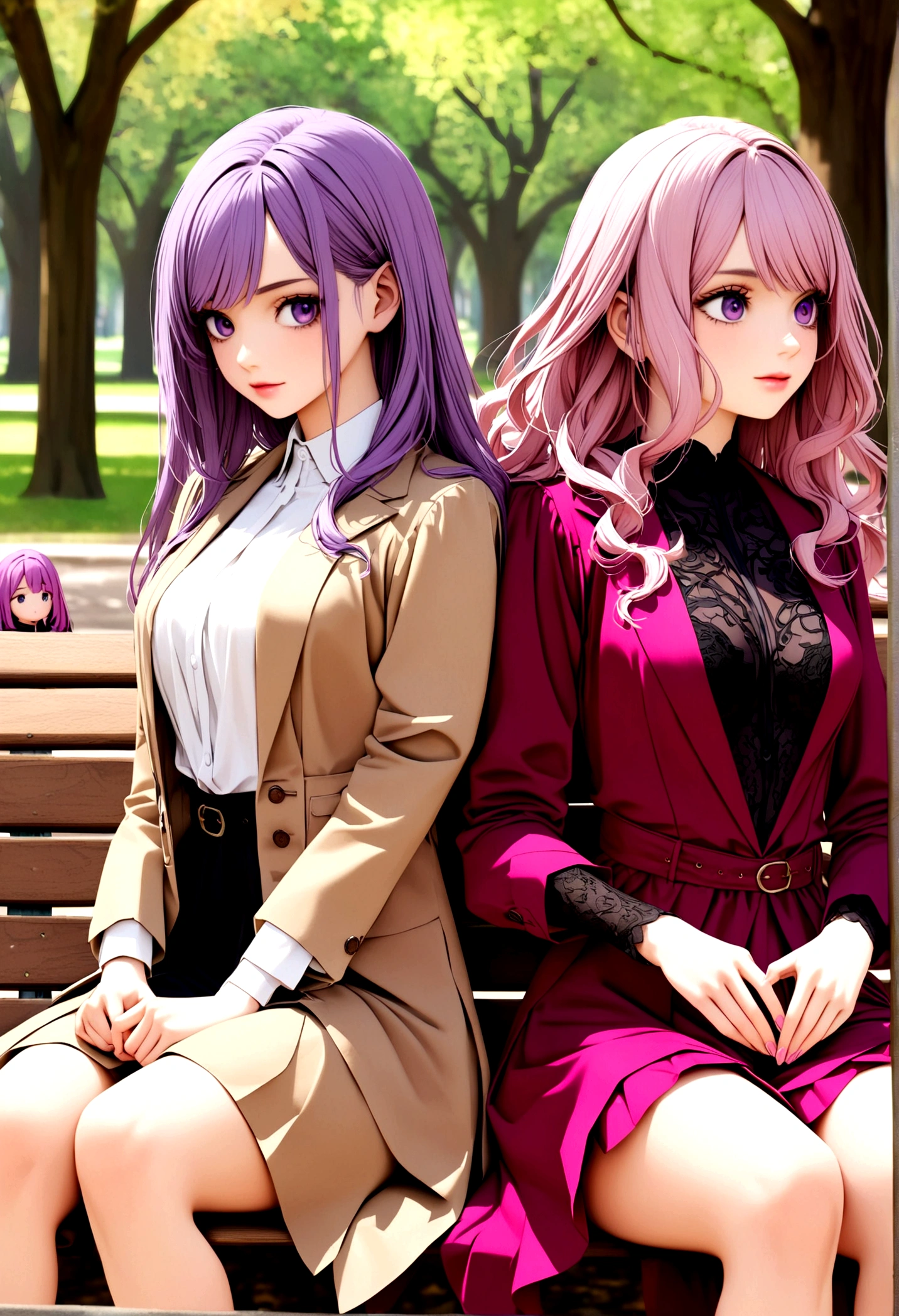 there are two women, each one wears different and opposite dresses, both sitting on a park bench,one of them has long magenta pink hair, and the other girl has short purple hair