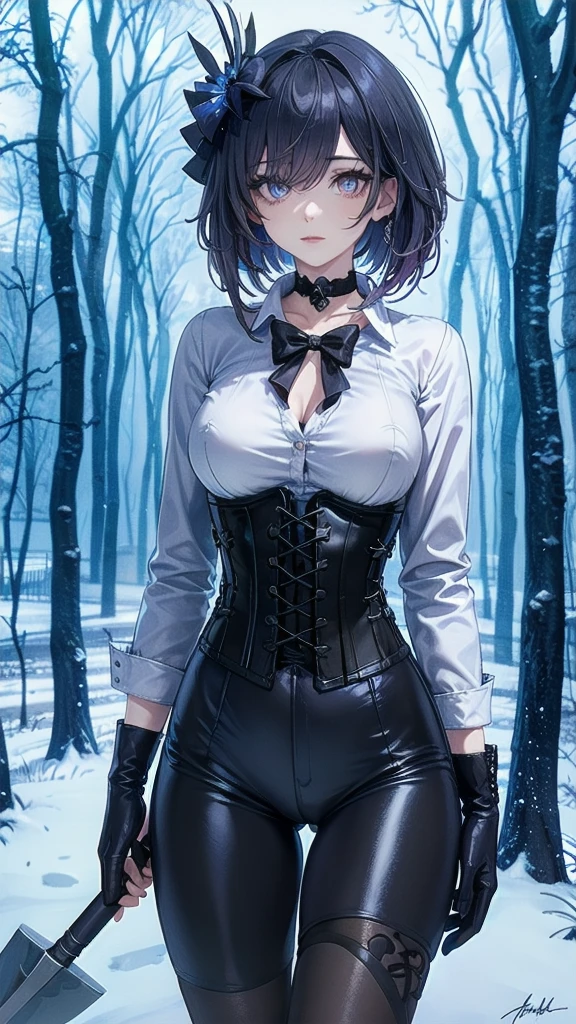 Masterpiece, Beautiful art, professional artist, 8k, Very detailed face, Detailed clothing, detailed fabric, 1 girl, Soul Fullness \(Honkai Impact 3rd\), front view, standing, BIG BREASTS, perfectly drawn body, shy expression, pale skin, beautiful face, short dark blue hair, 4k eyes, very detailed eyes, pink cheeks, choker:1.6, (white long sleeve button down shirt with white collar), black gloves, gloves that cover hands, (holds an ax with his right hand), (black leather corset), (shiny black leggings), Sensual Lips , winter night, show details in the eyes, looking at the viewer, dark forest, Atmosphere, fog, At night