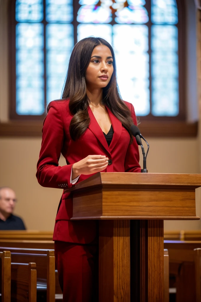 ((woman)), (30 year old), (long hair), (wearing reddish suit), (speech at a lectern), (bible on the pulpit), (modern protestant church background), (natural light), (photo realism), (hyper detailed), diffuse lighting, (showing complete subject), ((full body shot)), (((front view))), (Nikon D850 DSLR), ((long shot at 200mm f/1. 8 lens)), (Slightly blurred background with bokeh effect), (high resolution, ultra-detailed), (masterpiece quality),