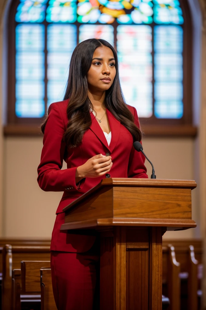 ((woman)), (30 year old), (long hair), (wearing reddish suit), (speech at a lectern), (bible on the pulpit), (modern protestant church background), (natural light), (photo realism), (hyper detailed), diffuse lighting, (showing complete subject), ((full body shot)), (((front view))), (Nikon D850 DSLR), ((long shot at 200mm f/1. 8 lens)), (Slightly blurred background with bokeh effect), (high resolution, ultra-detailed), (masterpiece quality),