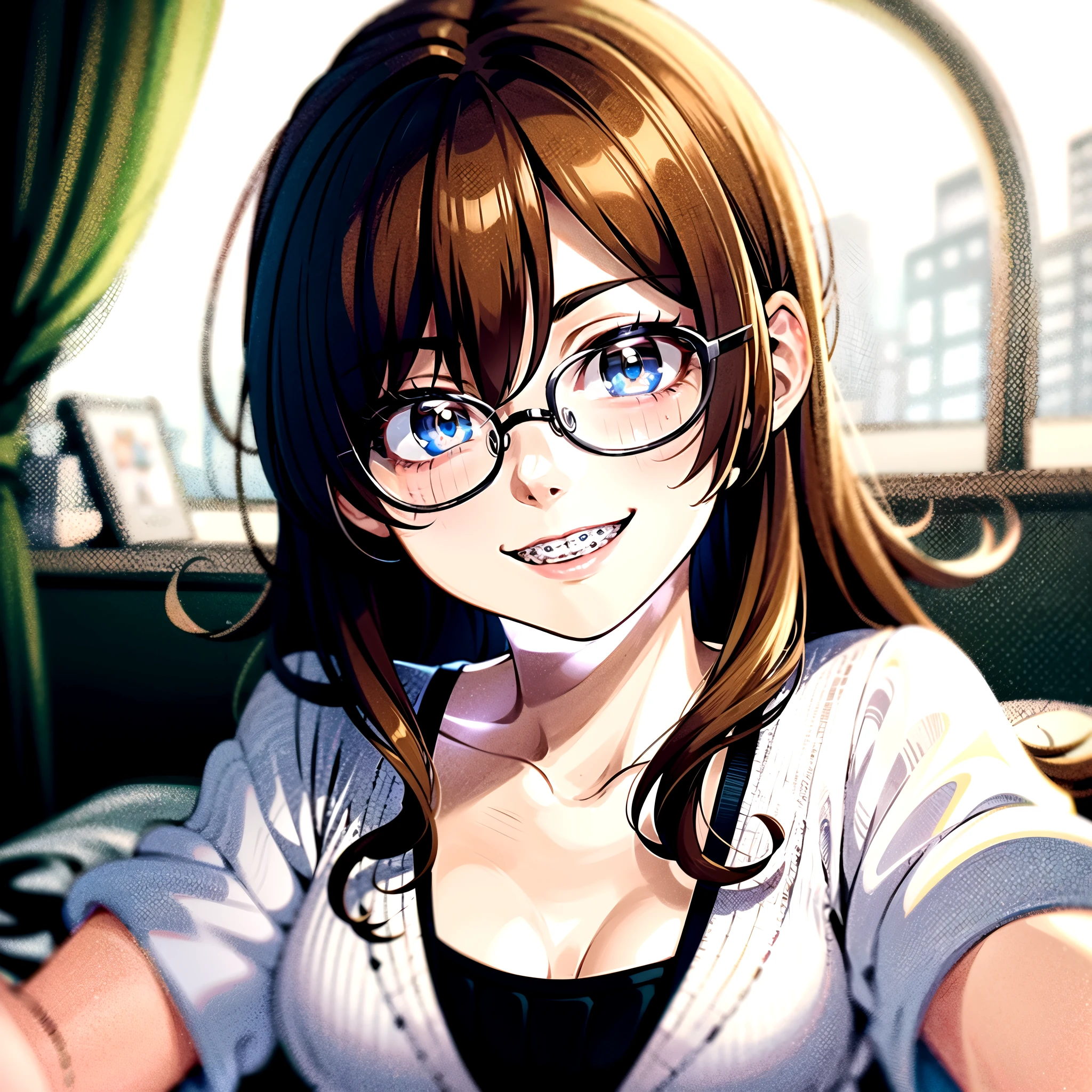 1girl, seductive eyes, braces, glasses, smiling, cute, face focus, blue eyes, blush, brown hair, best quality, masterpiece, highres