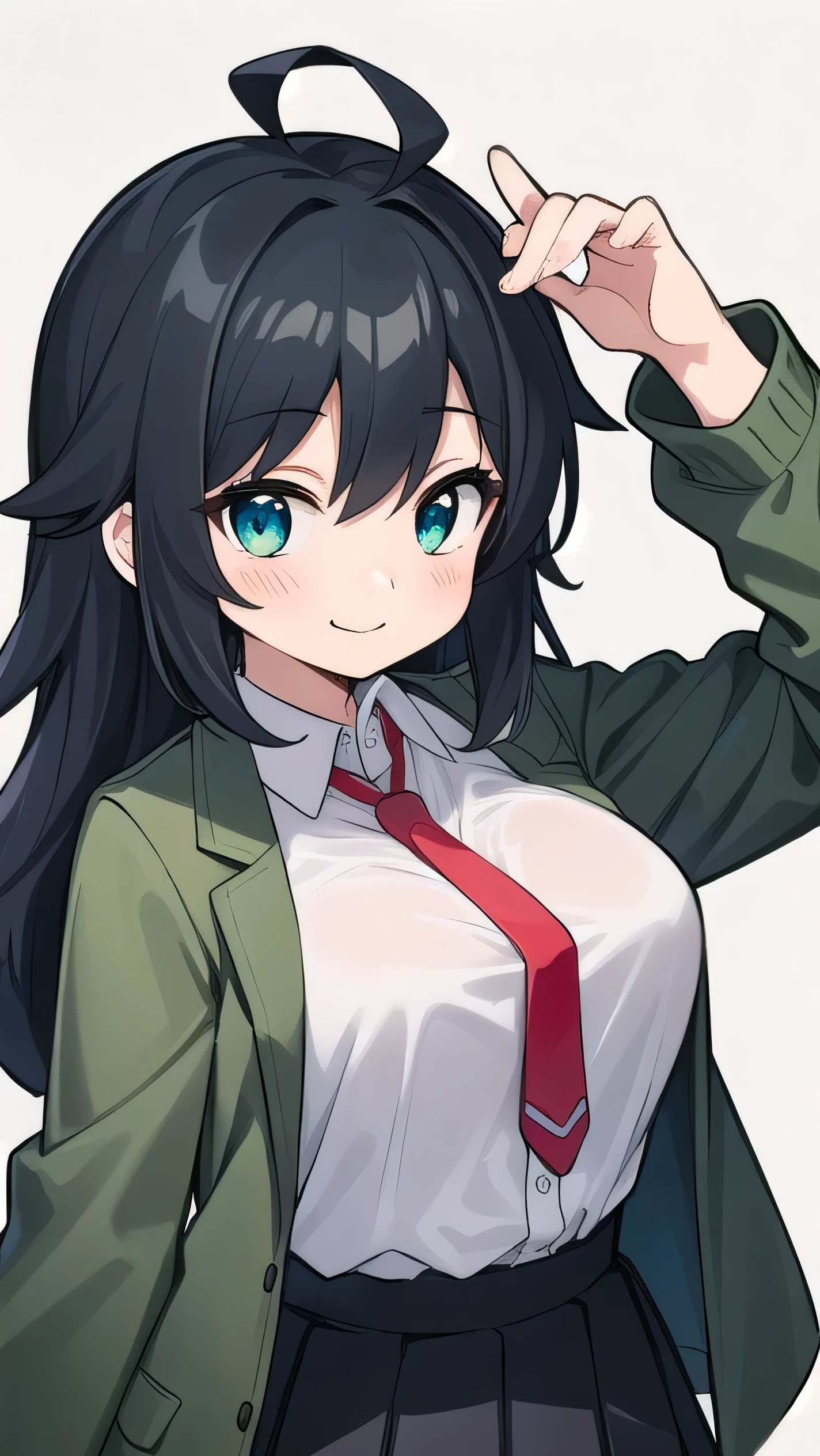 Junior high school student who looks like an elementary school student, 10 years old, very short, 140 cm tall, black hair with a slight green tinge, short ahoge, beautiful long hair but with a little hair sticking out, beautiful round eyes, blue eyes, smile, boyish, long sleeves, Thick clothes, skirt, big breasts, hair longer than waist, long hair, childish face, gentle smile, a little shy, black skirt, black hair with a slight green tinge, boyish, gentle smile, jacket one size larger, ( Deep greenish black hair: 1.3), dark green jacket, white shirt, (red tie:1.5), black skirt