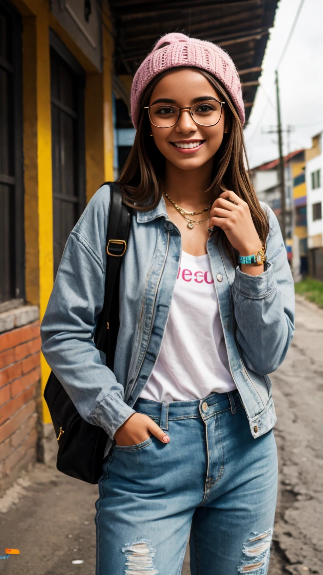 iPhone portrait bright overcast, comuna 13, 1 girl 25 years old, smiling, trendy casual outfits, glasses