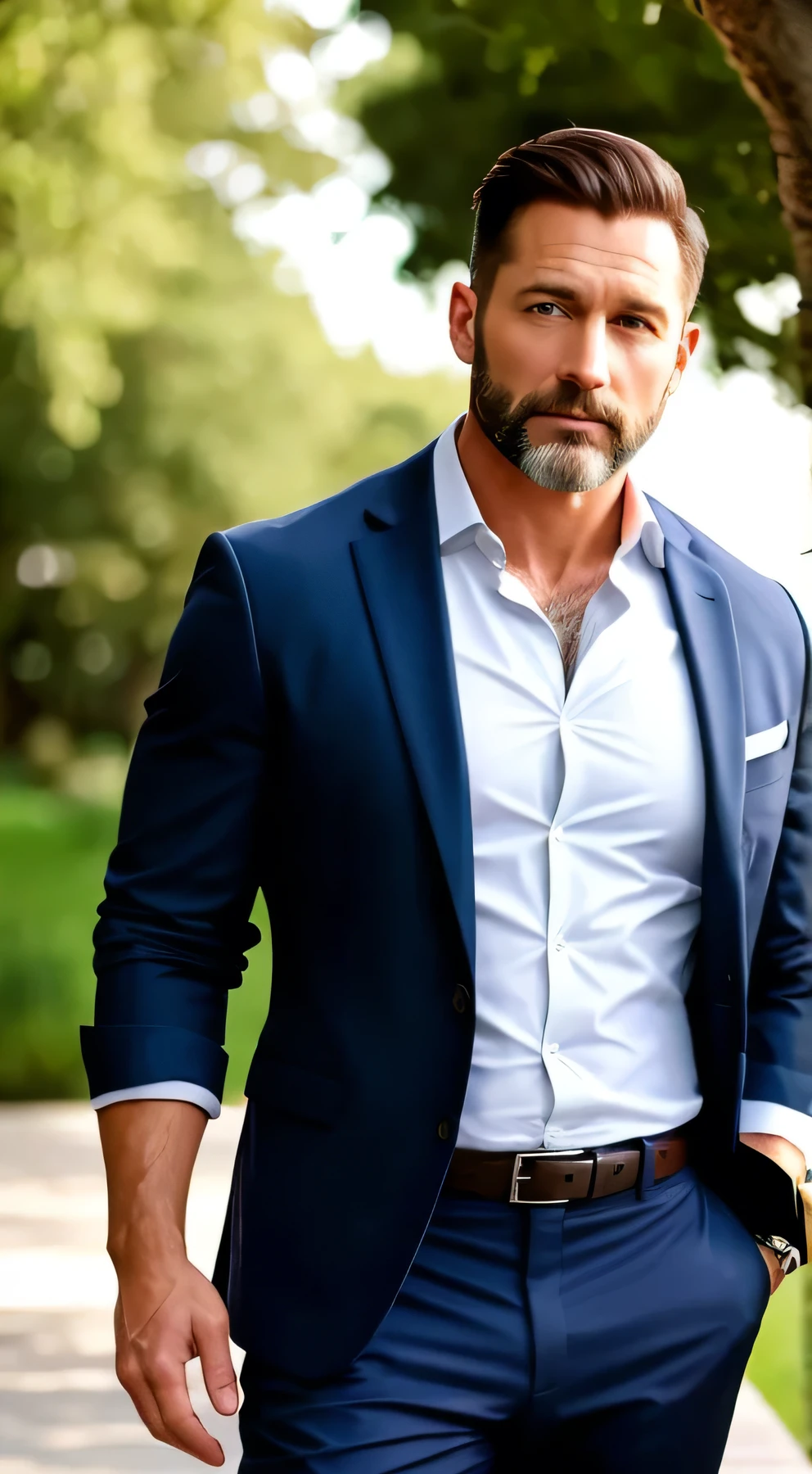 A masculine man dressed business casual, full body photo, outdoors relaxing, bearded, muscular, thoughtful, meditative, zen, at peace, 35mm realistic, detailed face and skin, 42 years old,