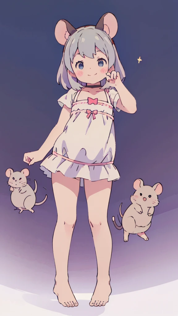 ((masterpiece))((Highest quality))Mouse Ears、girl、smile、blush、Flat Chest、Are thin、、low length、Gray Hair、blush、Are standing、Whole body image、Even your toes are visible、Eye level on face、front、No background、Mouse pose、真frontのアングル