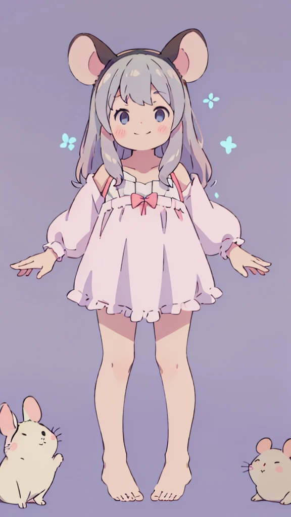((masterpiece))((Highest quality))Mouse Ears、girl、smile、blush、Flat Chest、Are thin、、low length、Gray Hair、blush、Are standing、Whole body image、Even your toes are visible、Eye level on face、front、No background、Mouse pose、真frontのアングル