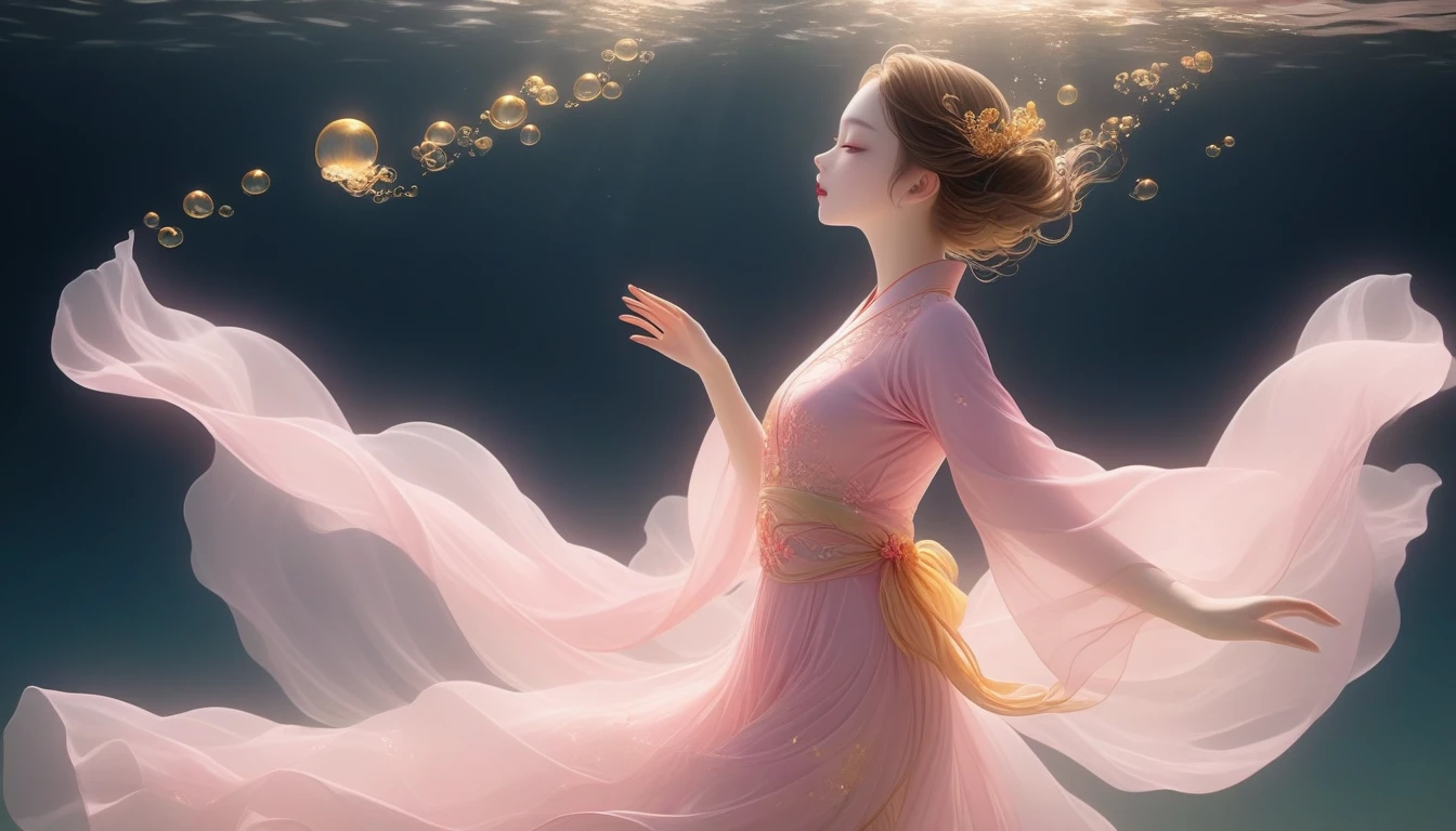 1 Girl, Solitary, Under the Deep Sea, underwater dance;Beautiful Inner Glow;Wearing pink Hanfu,Fairy the same,underwater dance;dancer;Golden water,金色的bubble; Deep Shadows, Extraordinary details, bubble, spark, Sun streaks, seabed, dark, whole body, swirl, Golden Light, Embed:Average runoff, masterpiece, high quality, 4K