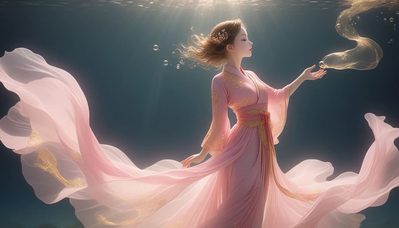 1 Girl, Solitary, Under the Deep Sea, underwater dance;Beautiful Inner Glow;Wearing pink Hanfu,Fairy the same,underwater dance;dancer;Golden water,金色的bubble; Deep Shadows, Extraordinary details, bubble, spark, Sun streaks, seabed, dark, whole body, swirl, Golden Light, Embed:Average runoff, masterpiece, high quality, 4K