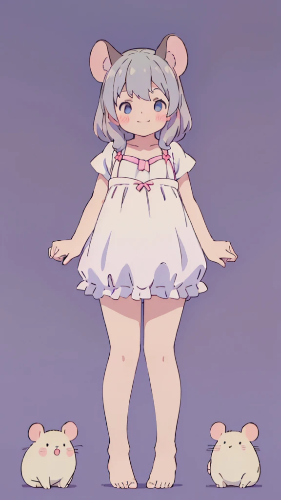 ((masterpiece))((Highest quality))Mouse Ears、girl、smile、blush、Flat Chest、Are thin、、low length、Gray Hair、blush、Are standing、Whole body image、Even your toes are visible、Eye level on face、front、No background、Mouse pose、真frontのアングル