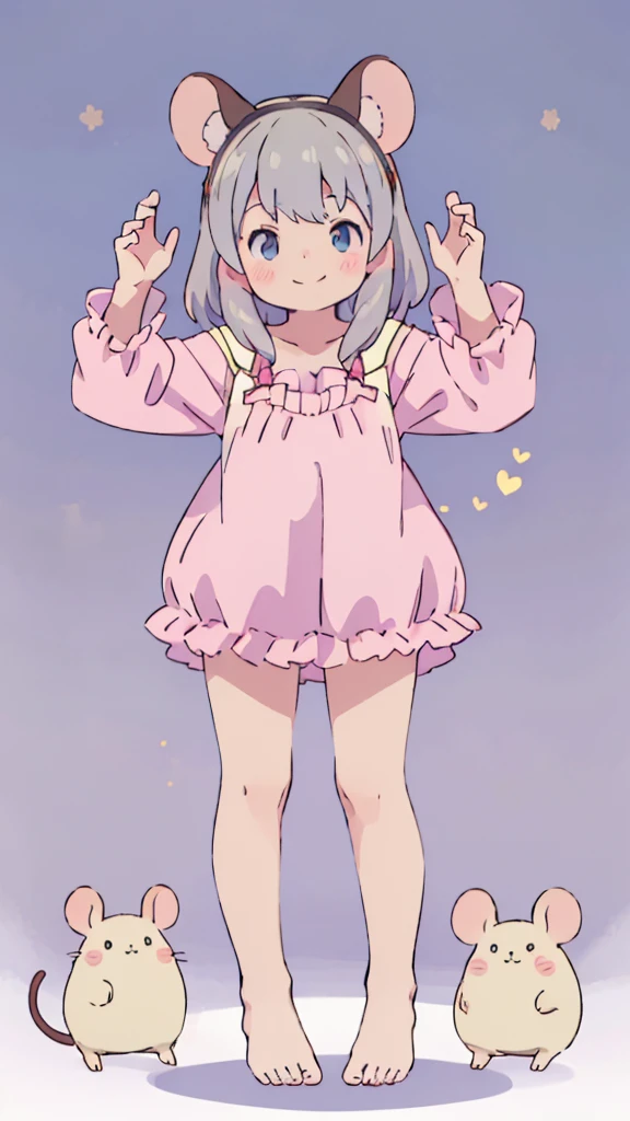 ((masterpiece))((Highest quality))Mouse Ears、girl、smile、blush、Flat Chest、Are thin、、low length、Gray Hair、blush、Are standing、Whole body image、Even your toes are visible、Eye level on face、front、No background、Mouse pose、真frontのアングル