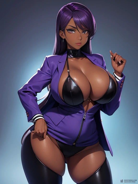 girl, with big breasts, purple spy suit, dark skinned ebony