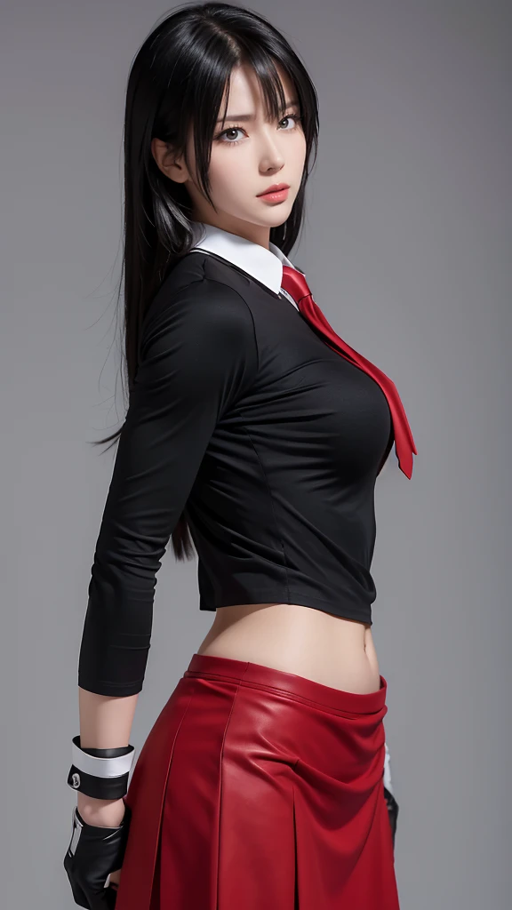 (Absurd, 8K, 4K, masterpiece, Extremely detailed:1.2), alone, front view Portraiture, Highest quality, Portraiture, alone, Adult, Cowboy Shot, Perfect Anatomy, One girl, Perfect Face, Expressive eyes, Perfect Eyes, (masterpiece, Highest quality:1.2), Cowboy Shot, alone, One girl, Akame \(Akame ga kill!\), Expressionless, Mouth closed, View your viewers, Black collared shirt, Red tie, No sleeve, skirt, Red eyes, stoic, quiet, gloves, Dynamic pose, Half Body, bound, bondage, (Put your arms behind your back:1.4), Bondage, tape gag, tape, tape bondage, Suppressed, Best Anatomy, Half Body, tape wrapped, Rap Gag, tightly bound, tape wrapped around face, Black Hair, Black collared shirt, Red tie, No sleeve, black skirt,