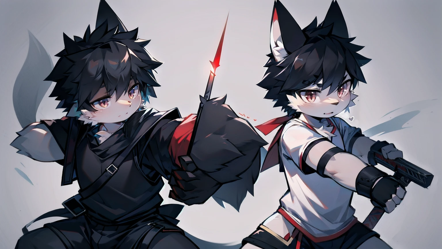 White Wolf，Black Hair，Red Eyes，Wolf ears，Wolf tail，juvenile，male，hairy，hair，Half-body armor，Combat uniform，Silver and black clothes，Handsome，Handsome，shorts，Forearm exposed，leg，Fighting Stance，duel，Two people，anxious，Holding a sword，Simple background，sword