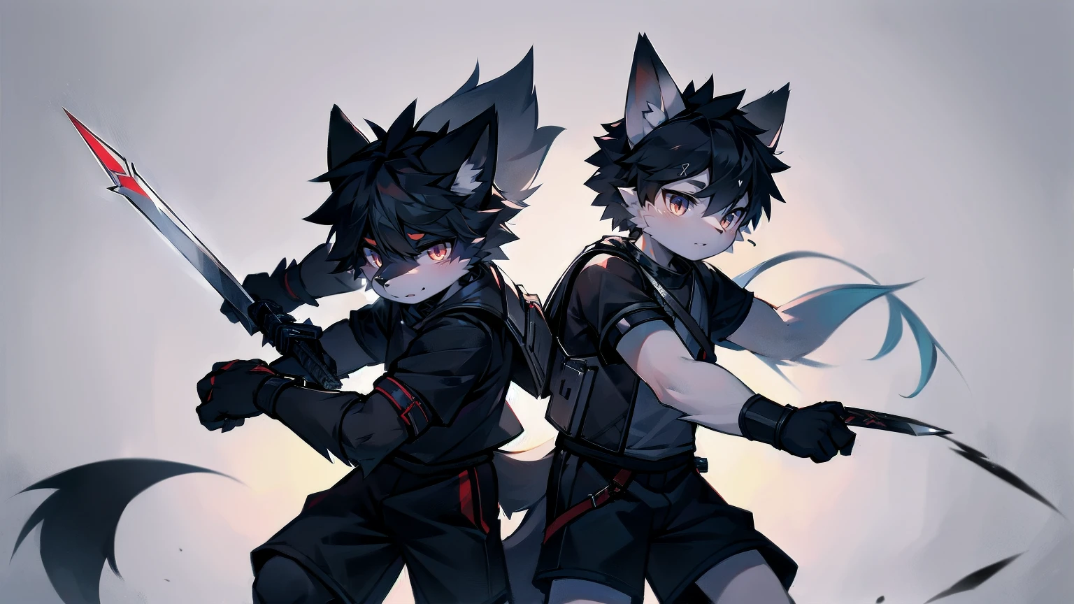 White Wolf,Black Hair,Red Eyes,Wolf ears,Wolf tail,juvenile,male,hairy,hair,Half-body armor,Combat uniform,Silver and black clothes,Handsome,Handsome,shorts,Forearm exposed,leg,Fighting Stance,duel,Two people,anxious,Holding a sword,Simple background,sword