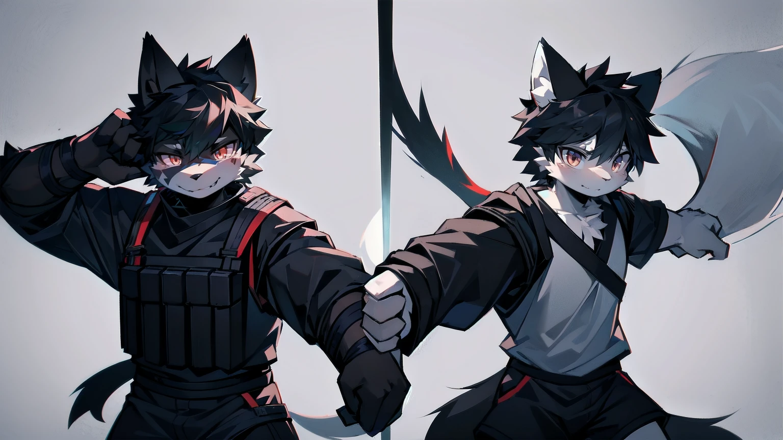 White Wolf,Black Hair,Red Eyes,Wolf ears,Wolf tail,juvenile,male,hairy,hair,Half-body armor,Combat uniform,Silver and black clothes,Handsome,Handsome,shorts,Forearm exposed,leg,Fighting Stance,duel,Two people,anxious,Holding a sword,Simple background,sword