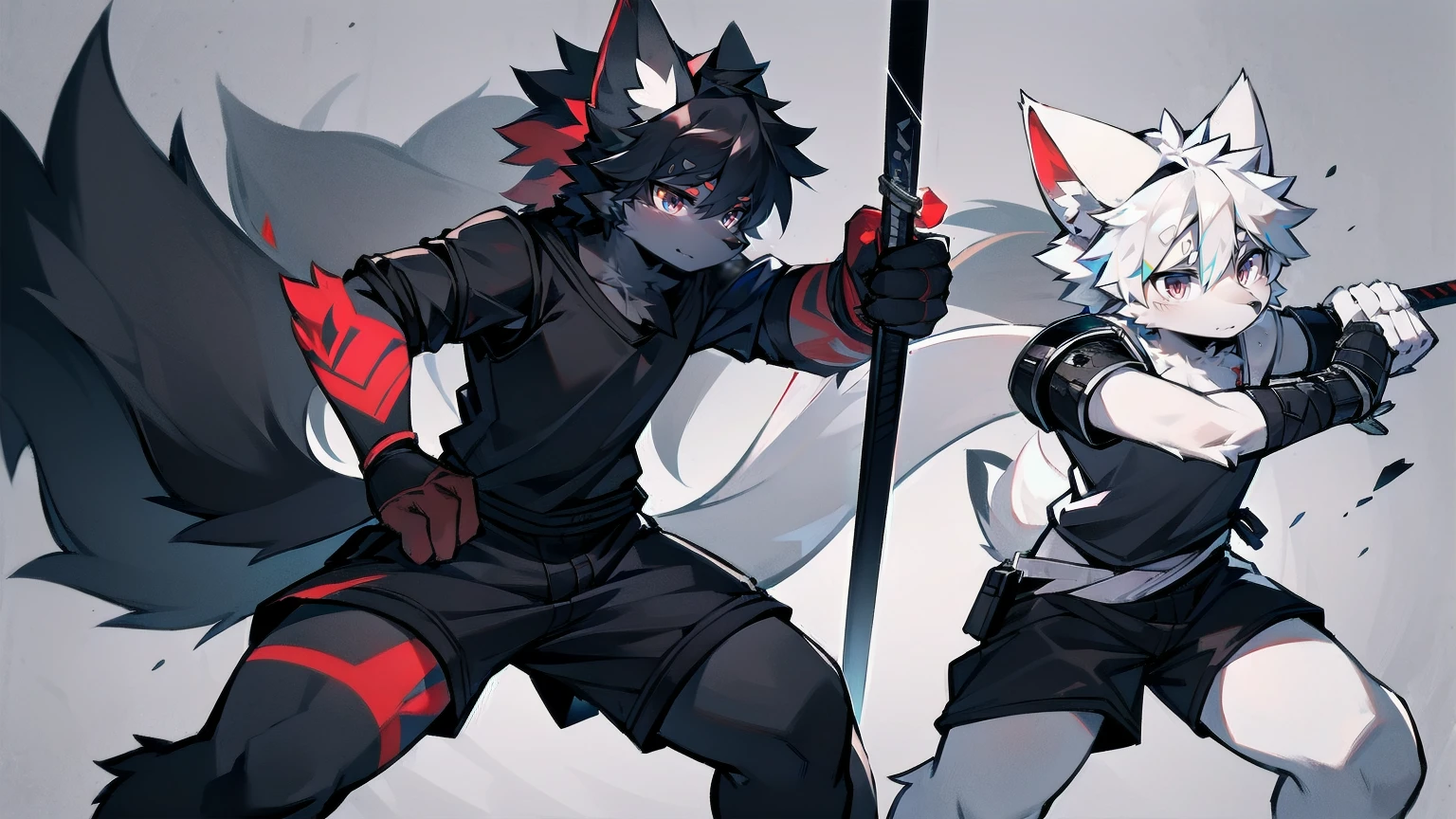 White Wolf,Black Hair,Red Eyes,Wolf ears,Wolf tail,juvenile,male,hairy,hair,Half-body armor,Combat uniform,Silver and black clothes,Handsome,Handsome,shorts,Forearm exposed,leg,Fighting Stance,duel,Two people,anxious,Holding a sword,Simple background,sword