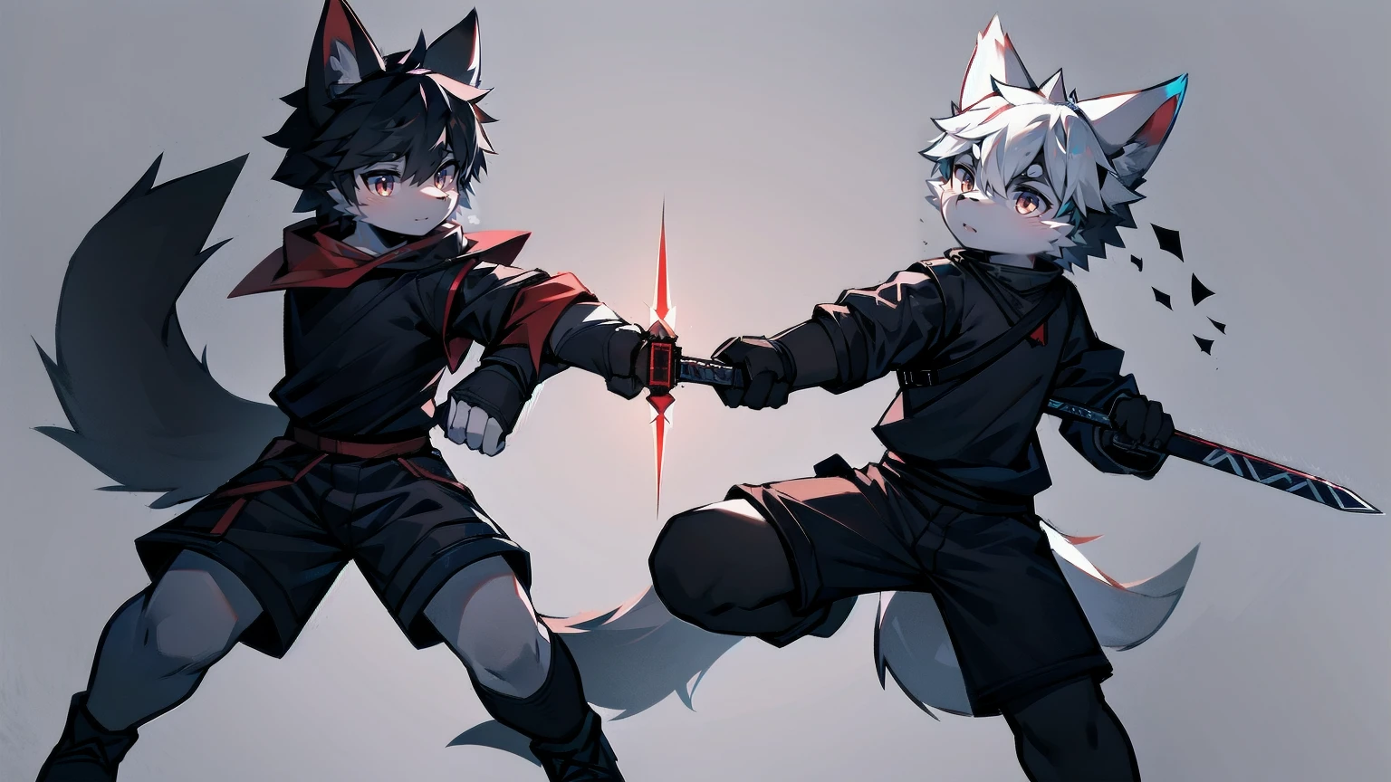 White Wolf,Black Hair,Red Eyes,Wolf ears,Wolf tail,juvenile,male,hairy,hair,Half-body armor,Combat uniform,Silver and black clothes,Handsome,Handsome,shorts,Forearm exposed,leg,Fighting Stance,duel,Two people,anxious,Holding a sword,Simple background,sword
