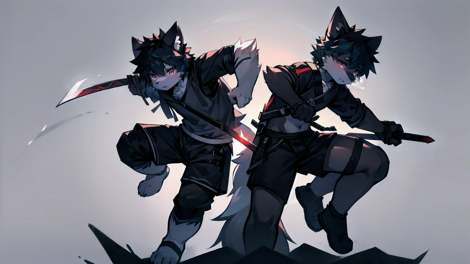 White Wolf，Black Hair，Red Eyes，Wolf ears，Wolf tail，juvenile，male，hairy，hair，Half-body armor，Combat uniform，Silver and black clothes，Handsome，Handsome，shorts，Forearm exposed，leg，Fighting Stance，duel，Two people，anxious，Holding a sword，Simple background，sword