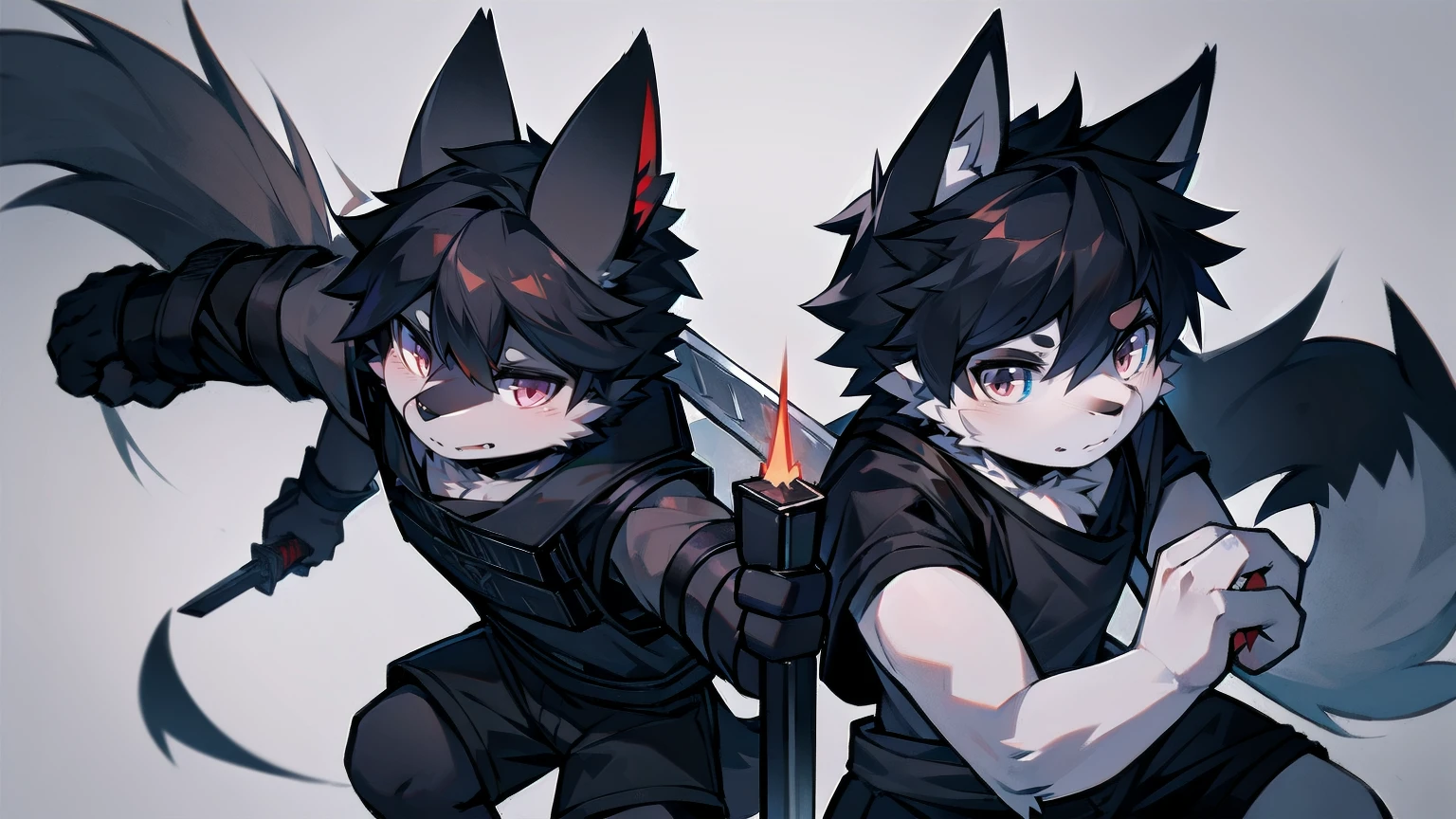 White Wolf，Black Hair，Red Eyes，Wolf ears，Wolf tail，juvenile，male，hairy，hair，Half-body armor，Combat uniform，Silver and black clothes，Handsome，Handsome，shorts，Forearm exposed，leg，Fighting Stance，duel，Two people，anxious，Holding a sword，Simple background，sword