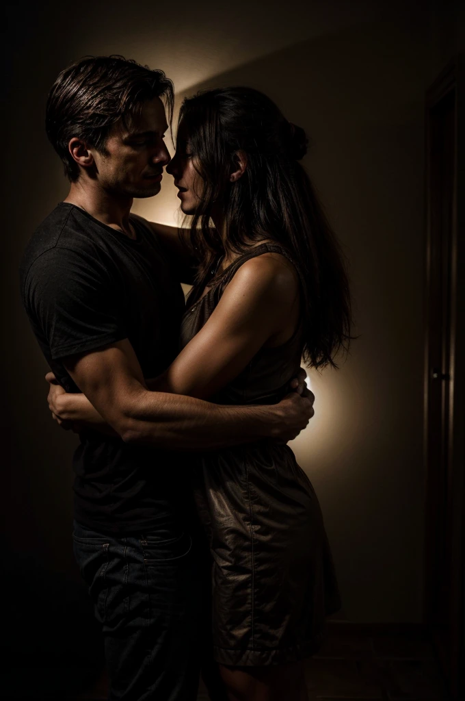 man and woman embracing in a room with an expression of passion in a dark environment